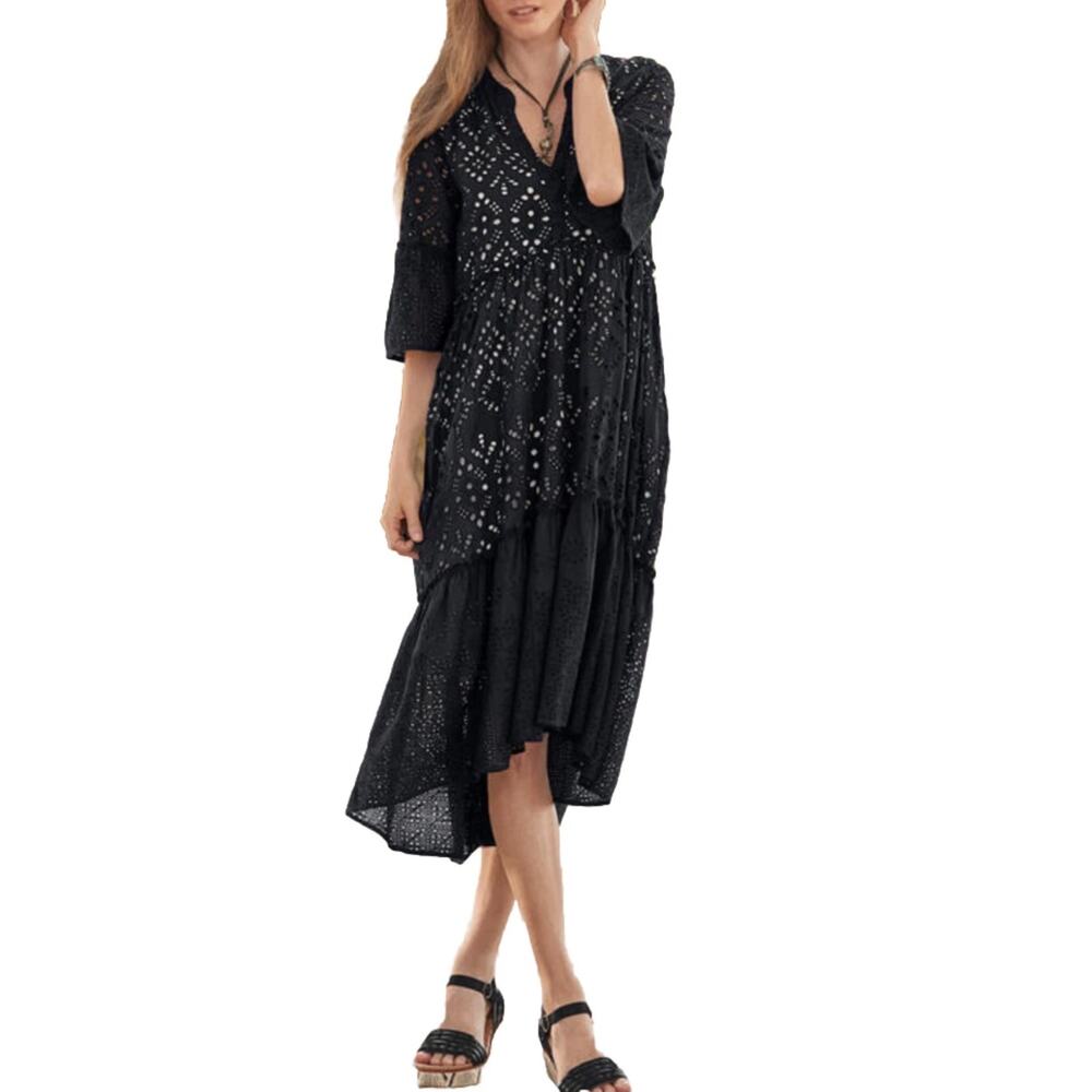 Sundance Selma Black Embroidered Eyelet Peasant Dress Midi High Low Size Large